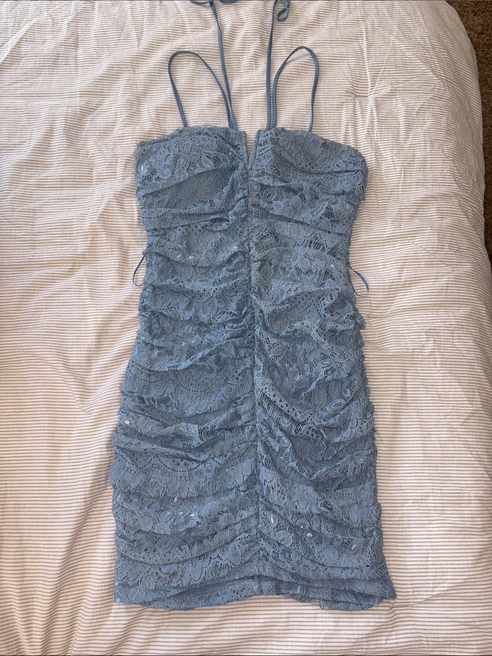Fashion Nova Dusty Blue Lace Ruched Mini Dress